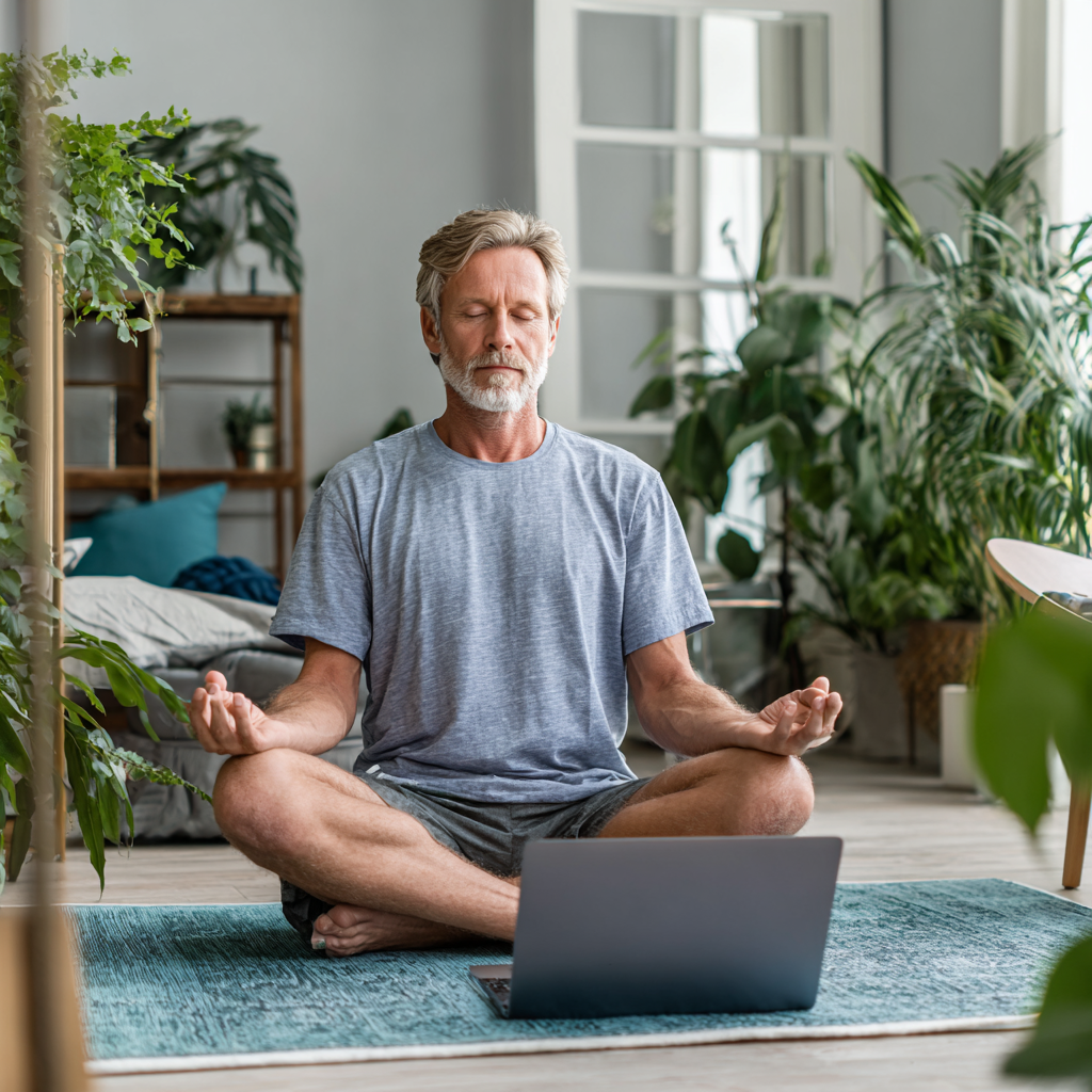Middle-aged man in his fifties practicing yoga at home using laptop for online class, sitting in comfortable meditation posture in modern home interior with plants